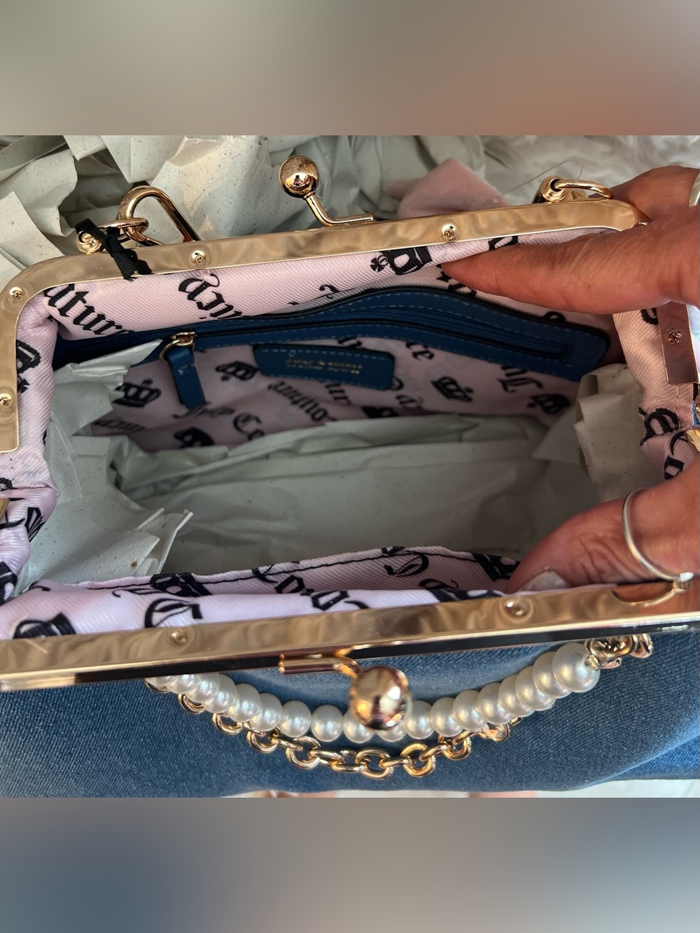 Juicy Couture Blue Denim Frame Satchel with Pink Bow and Pearl Chains - Picture 9 of 9